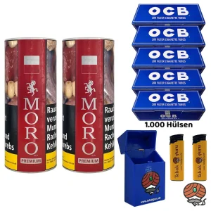2x Moro Red/Rot Premium Feinschnitt-Tabak 260g Dose, OCB Hülsen + Zubehör