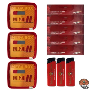 3x Pall Mall Allround Mega Box Tabak à 120g, 1000 King-Size Hülsen, Feuerzeuge