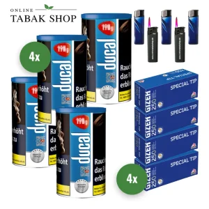 DUCAL Blue Tabak (4 x 168g) + 1.000 GIZEH Special Tip Hülsen + 3 Feuerzeuge + 2 Sturmfeuerzeuge
