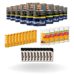 Bundle: Buffalo Blue Halfzware Drehtabak (10x40g) + Gizeh Papes (10×50 Stück) + Gizeh Filter (5×120 Stück) + Feuerzeuge (10 Stück)
