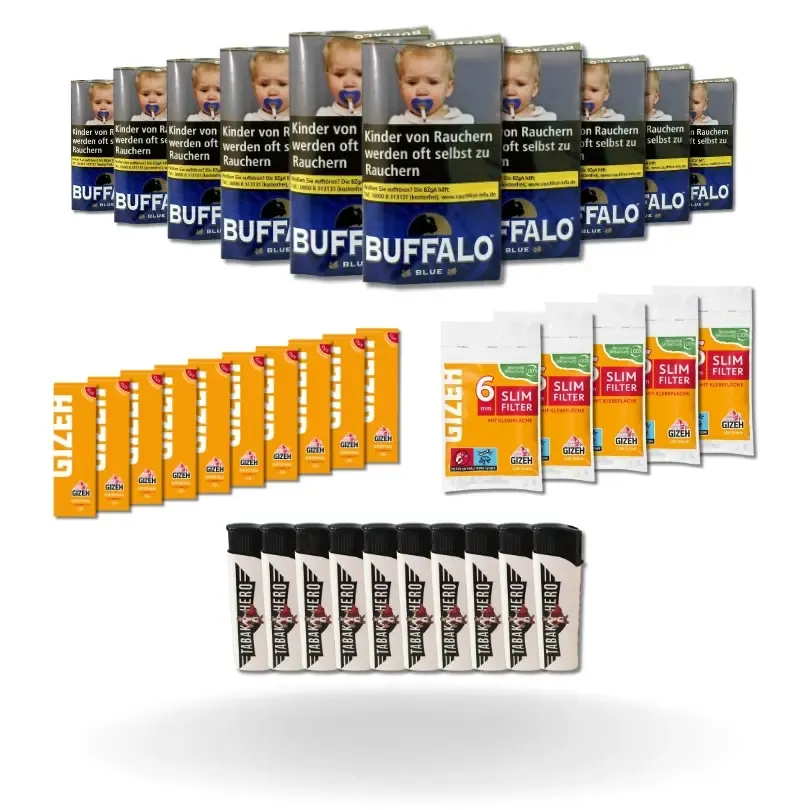 Bundle: Buffalo Blue Halfzware Drehtabak (10x40g) + Gizeh Papes (10×50 Stück) + Gizeh Filter (5×120 Stück) + Feuerzeuge (10 Stück)